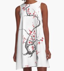 Chinese plum tree blossom sumi-e painting A-Line Dress