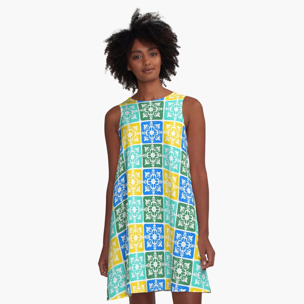 Trendy Resort Fashion Botanical Mediterranean Tiles A-Line Dress