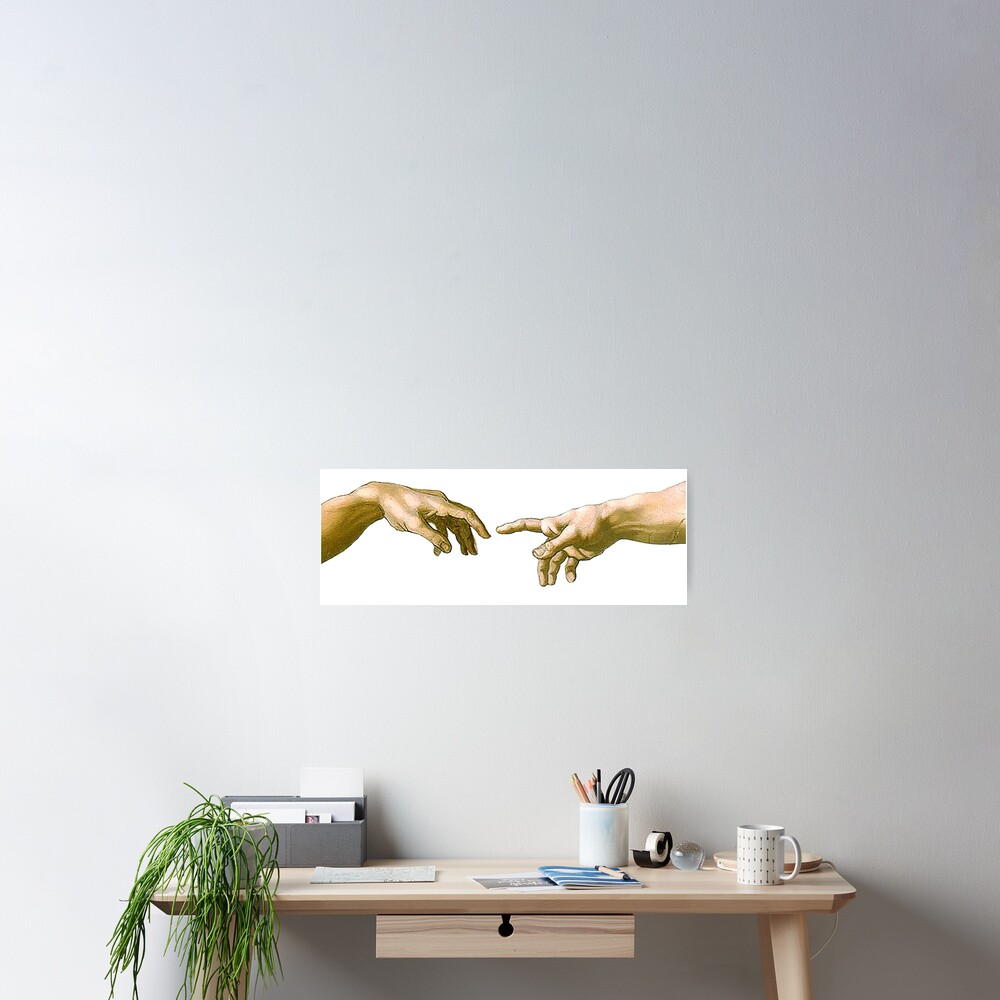 Touch of God, The Creation of Adam, (close up), Michelangelo, 1510, Genesis, Ceiling, Sistine Chapel, Rome, on White. Poster