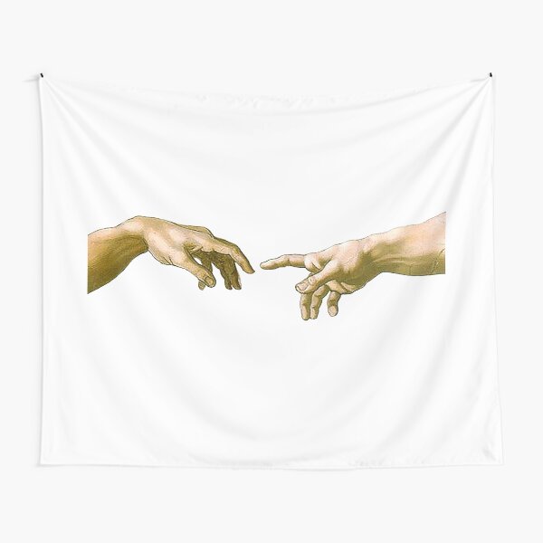 Touch of God, The Creation of Adam, (close up), Michelangelo, 1510, Genesis, Ceiling, Sistine Chapel, Rome, on White. Tapestry