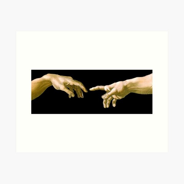 Touch of God, The Creation of Adam, (close up), Michelangelo, 1510, Genesis, Ceiling, Sistine Chapel, Rome, on BLACK. Art Print
