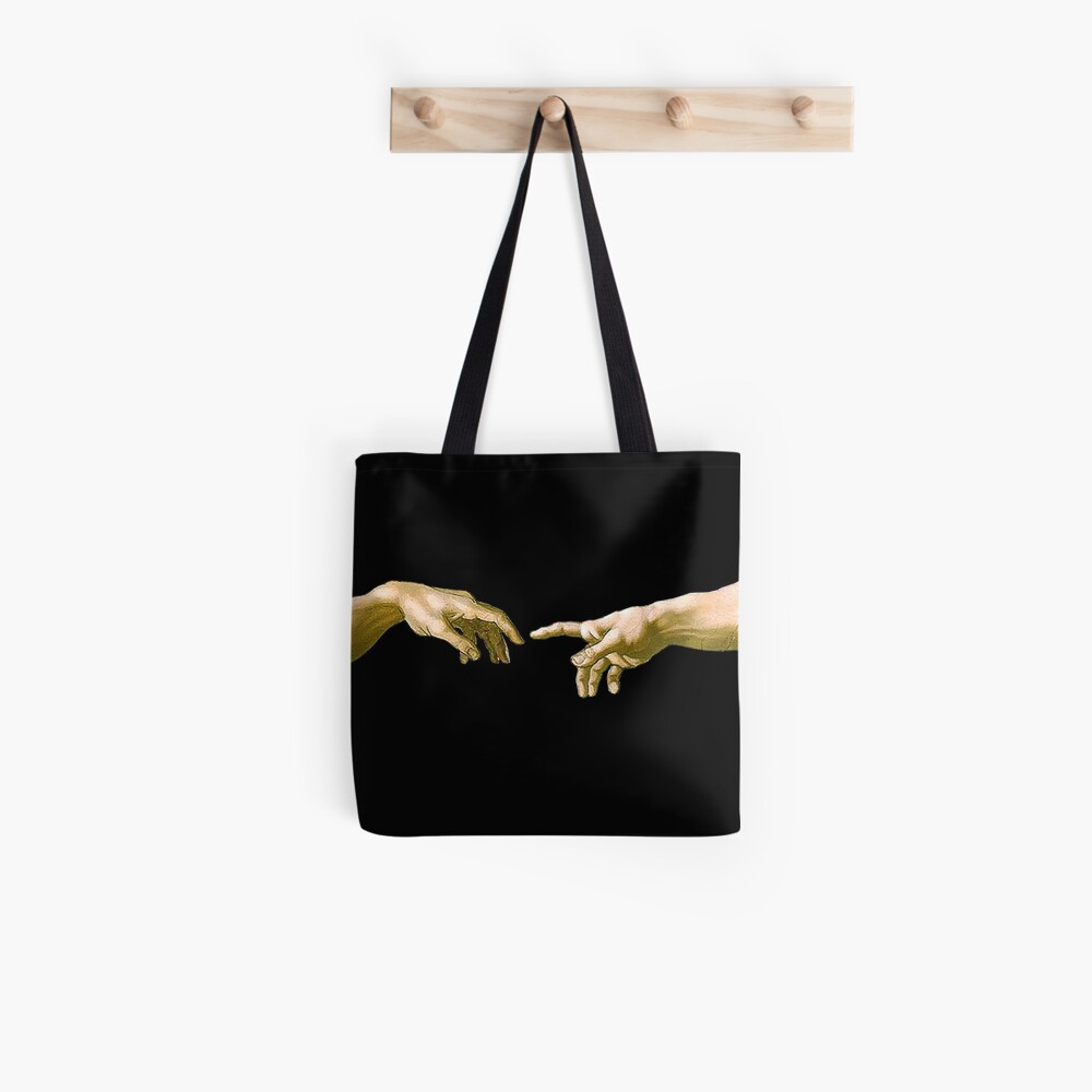 Touch of God, The Creation of Adam, (close up), Michelangelo, 1510, Genesis, Ceiling, Sistine Chapel, Rome, on BLACK. Tote Bag