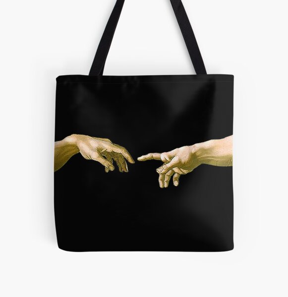 Touch of God, The Creation of Adam, (close up), Michelangelo, 1510, Genesis, Ceiling, Sistine Chapel, Rome, on BLACK. All Over Print Tote Bag