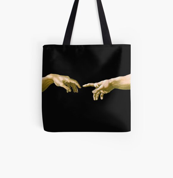 Touch of God, The Creation of Adam, (close up), Michelangelo, 1510, Genesis, Ceiling, Sistine Chapel, Rome, on BLACK. All Over Print Tote Bag