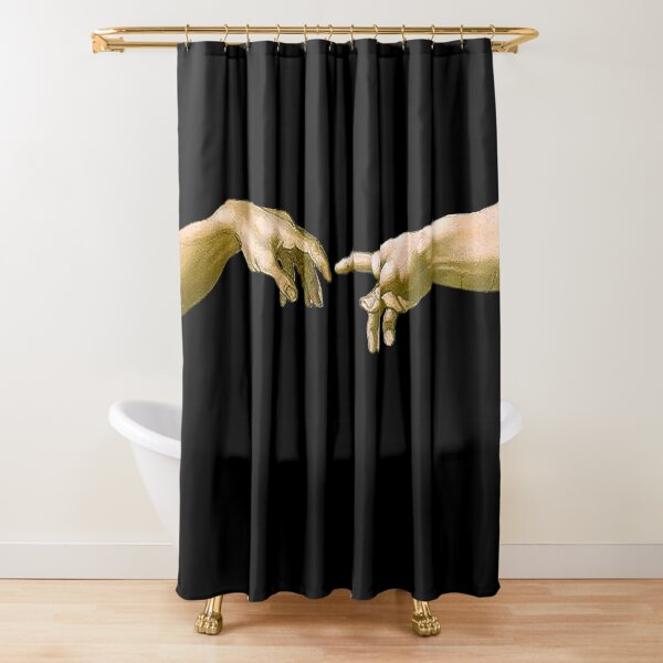Touch of God, The Creation of Adam, (close up), Michelangelo, 1510, Genesis, Ceiling, Sistine Chapel, Rome, on BLACK. Shower Curtain