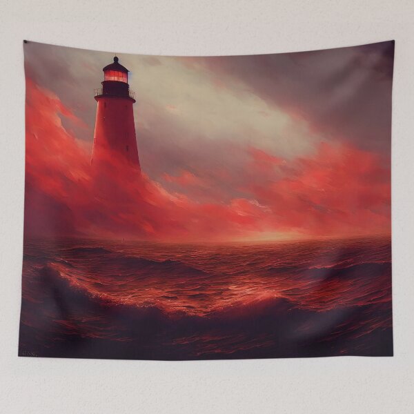 Item preview, a painting of a lighthouse on a tumultuous sea of red designed and sold by AJDesignStudio.