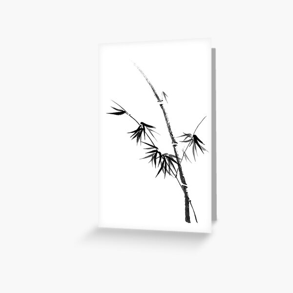 Carte De Vœux Bambou Tige Avec Des Jeunes Feuilles Minimaliste Sumi E Japonais Peinture Zen Art Artwork Imprimer Par Awenartprints Redbubble