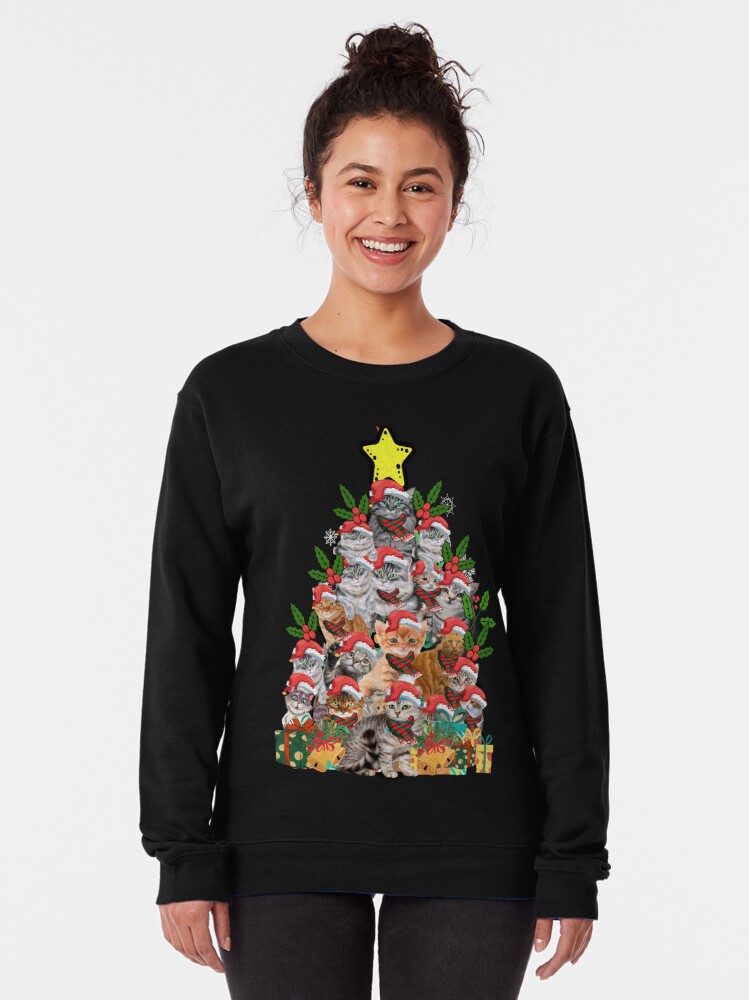 Discover Women's Christmas Cat Xmas Tree Funny Pullover Sweatshirts