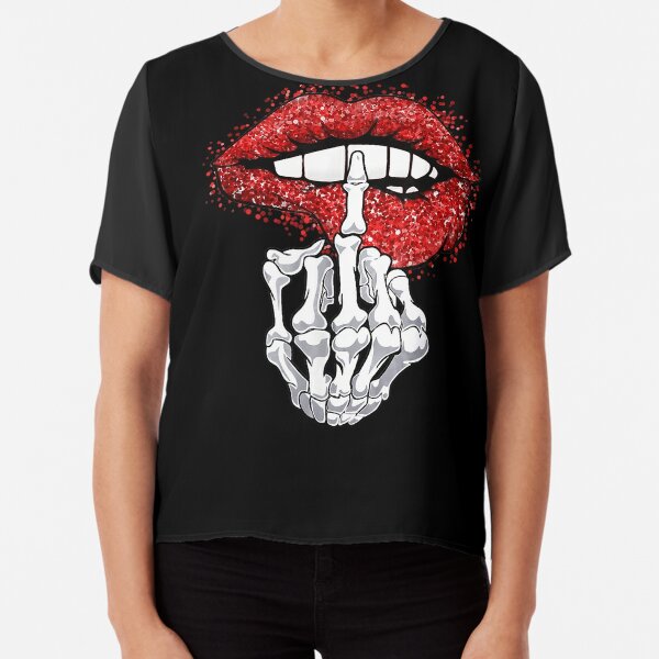 Skeleton Middle Finger And Lips Funny Halloween Men Women T-Shirt