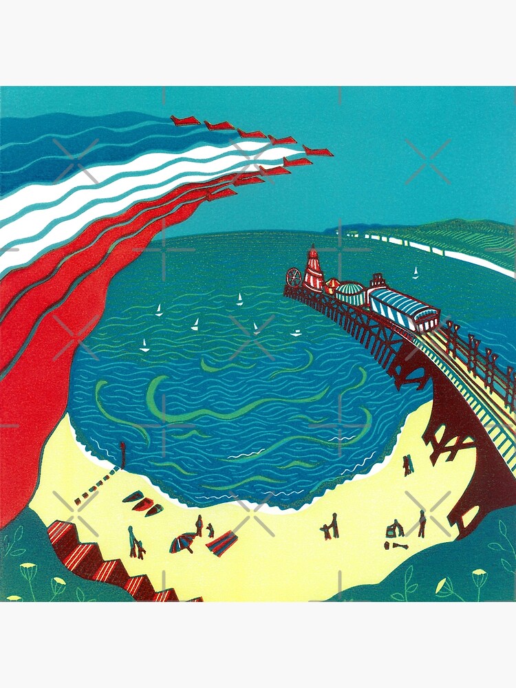 Red Arrows, Bournemouth Beach - Original linocut by Francesca Whetnall by Cecca-Designs