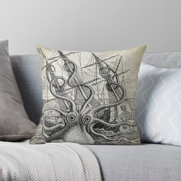 Vintage Kraken, Octopus Illustration Throw Pillow