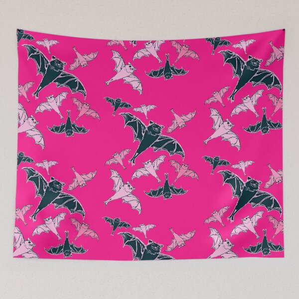 Item preview, cute repeating pattern | adorable Halloween bats flying | pink and black | trick or treat designed and sold by DigitalEurydice.