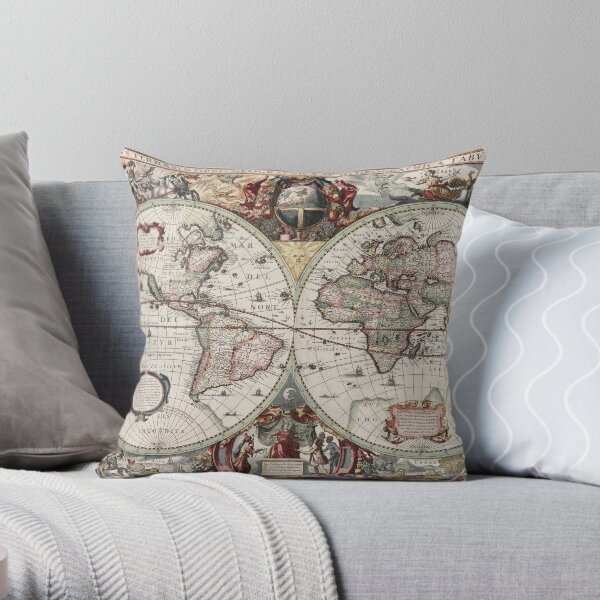 Vintage Maps Of The World. Geographic and Hydrographic Map of the Whole World Throw Pillow