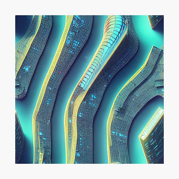 Item preview, Satellite view of a cyberpunk city on a river designed and sold by fairway3games.
