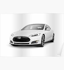 White Tesla Model S luxury electric car art photo print Poster