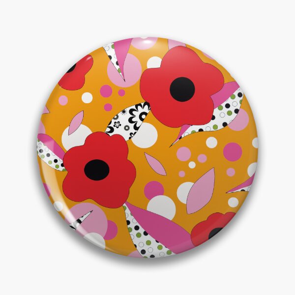 Item preview, Flores rojas retro y hojas rosadas sobre naranja designed and sold by MausieDesigns.