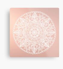 White Mandala on Rose Gold Metal Print