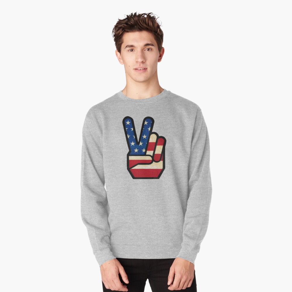 Vintage Peace Sign Fingers American Flag Pullover Sweatshirt
