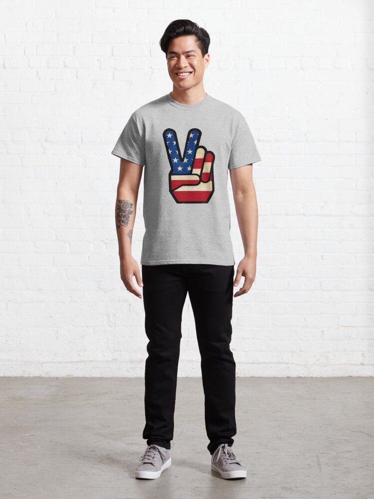 Alternate view of Vintage Peace Sign Fingers American Flag Classic T-Shirt