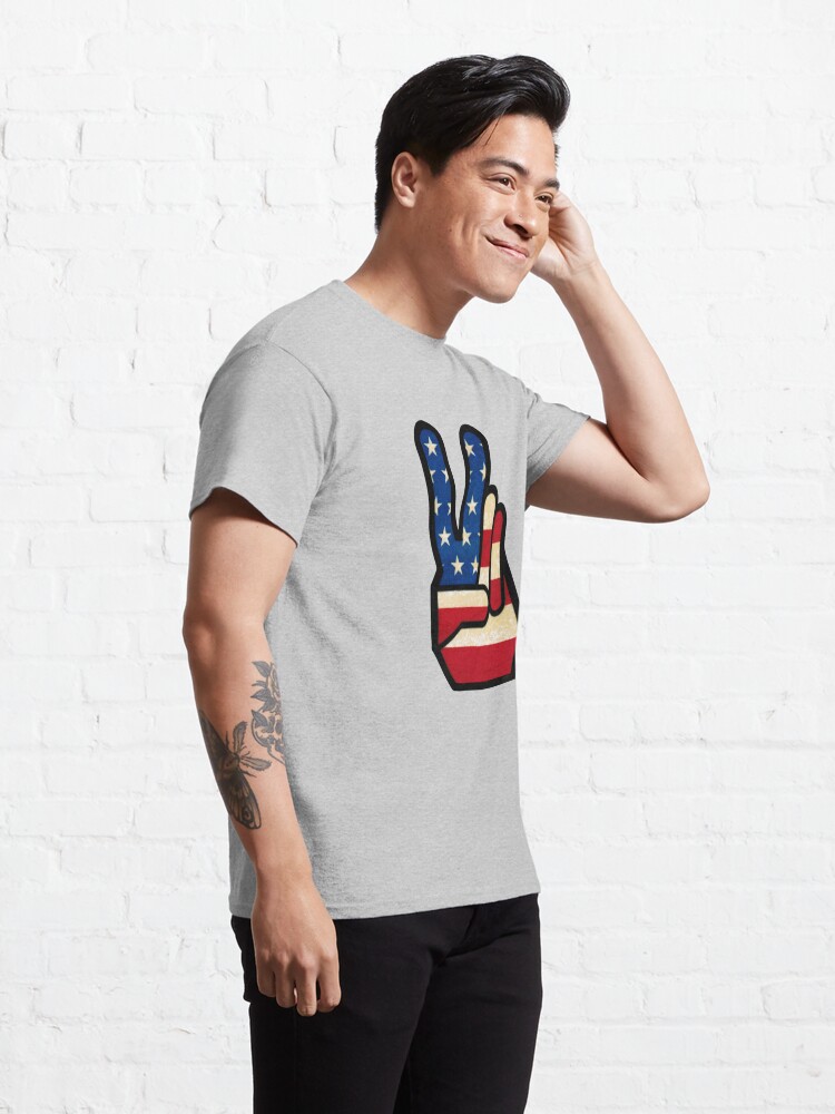 Alternate view of Vintage Peace Sign Fingers American Flag Classic T-Shirt