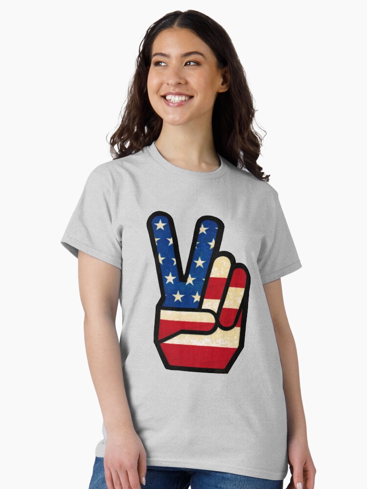 Thumbnail 1 of 7, Classic T-Shirt, Vintage Peace Sign Fingers American Flag designed and sold by hilda74.