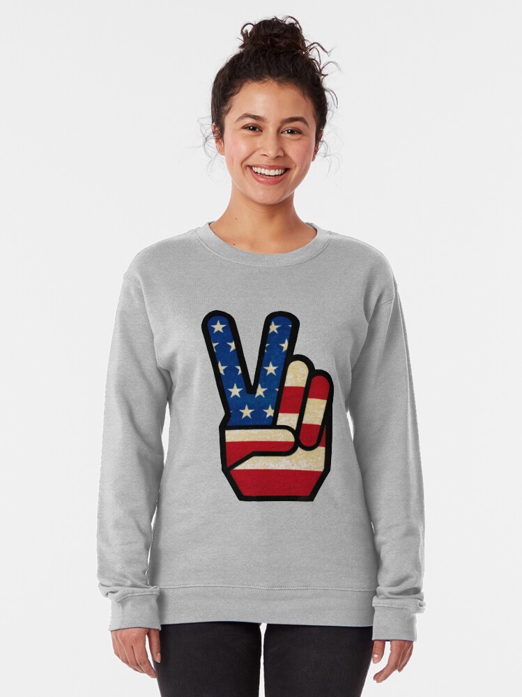 Alternate view of Vintage Peace Sign Fingers American Flag Pullover Sweatshirt