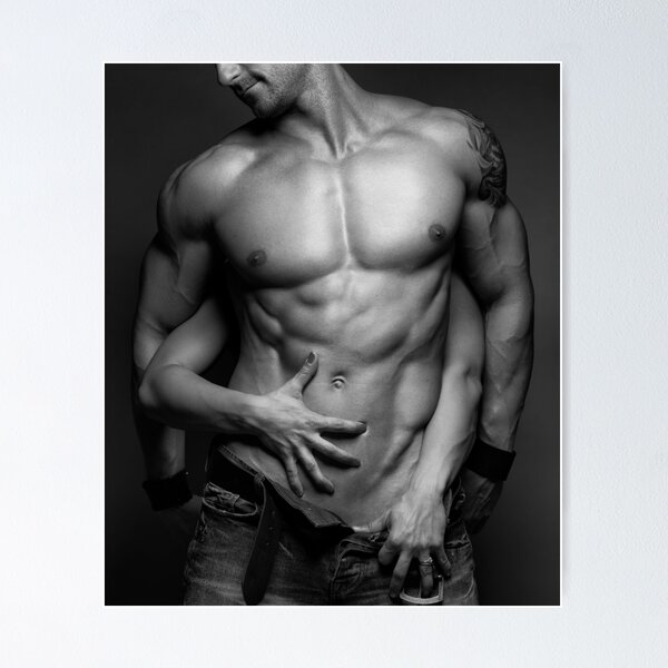 Woman behind sexy man with bare torso and jeans art photo print