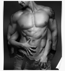 Woman hands touching muscular man's body art photo print Poster