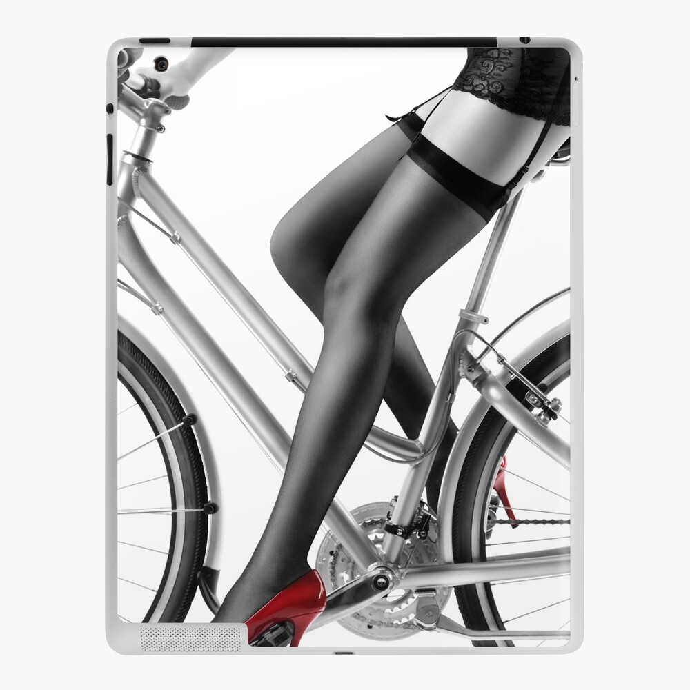 Sexy woman in red high heels and stockings riding bike art photo print |  iPad Case & Skin