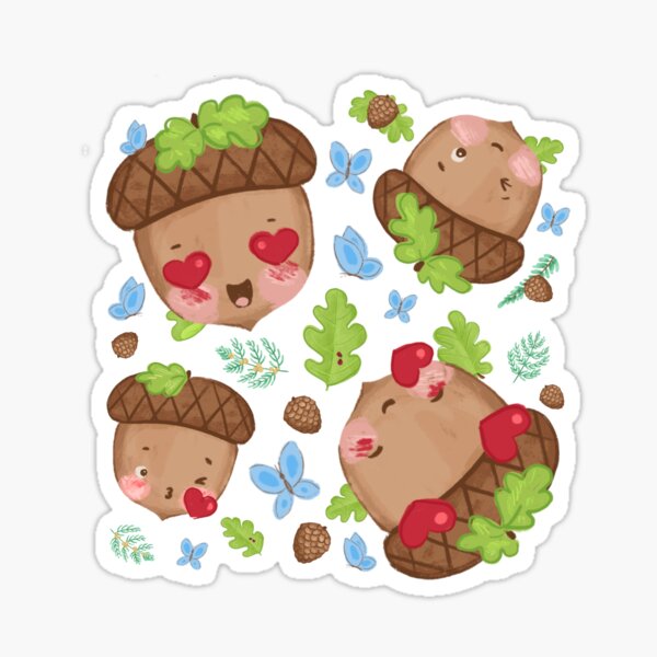 "Cute Pattern Illustration of three loving emoji acorns" Sticker for