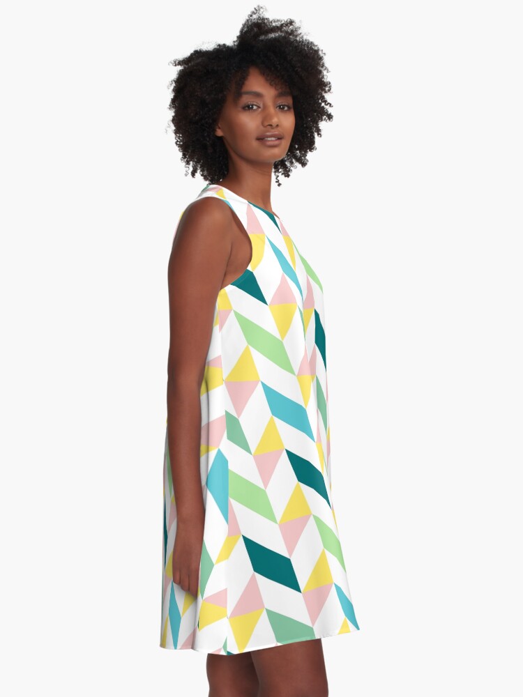 Alternate view of Colorful Geometric Pattern Teal Turquoise Mint Yellow Pink A-Line Dress