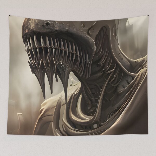 Item preview, Fantasy art painting of a biomech steampunk alien horror head designed and sold by UDDesign.