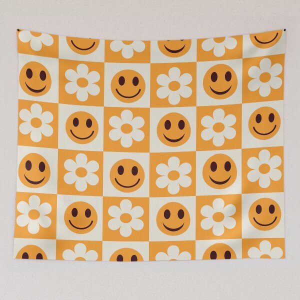 Item preview, Orange and white checkered flowers and Smiling faces pattern designed and sold by Yasminepatterns .