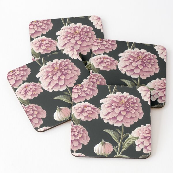 Item preview, Pretty Pink Zinnia Flower Pattern on Black Background designed and sold by VintageFlorals.