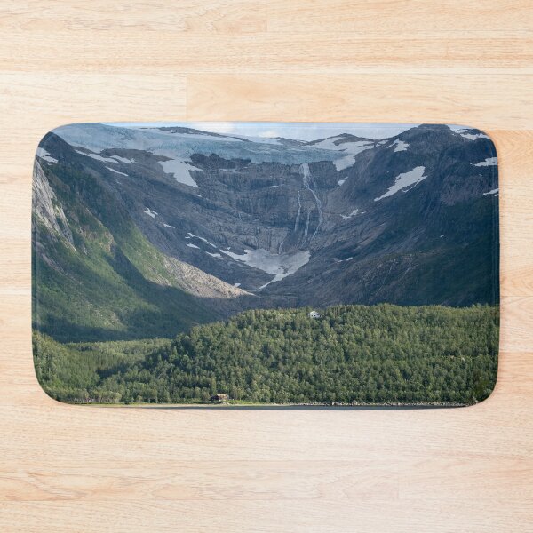 Item preview, Wonderful landscapes in Norway. Nordland. Beautiful scenery of Svartisen glacier. Engabreen from the Holandsfjorden view. Mountains, trees, rocks and houses in background designed and sold by Maurizio Fabbroni.