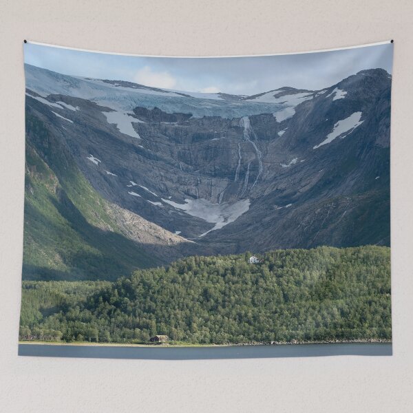 Item preview, Wonderful landscapes in Norway. Nordland. Beautiful scenery of Svartisen glacier. Engabreen from the Holandsfjorden view. Mountains, trees, rocks and houses in background designed and sold by Maurizio Fabbroni.