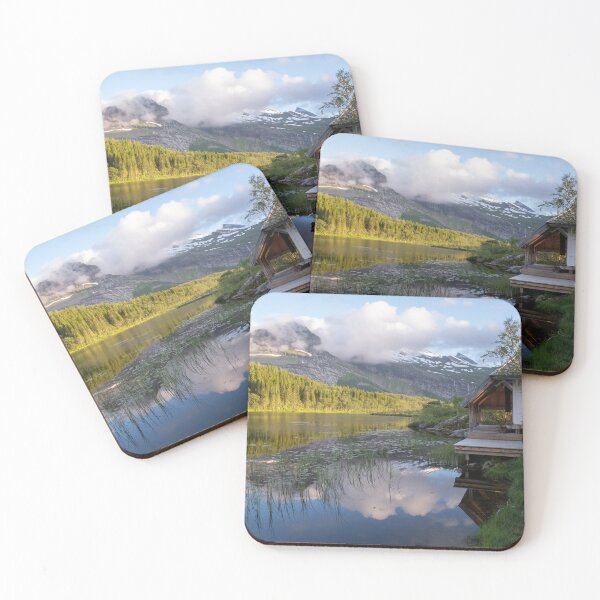 Item preview, Wonderful landscapes in Norway. Nordland. Beautiful scenery of Thaihuset in a mountain valley. It is idyllically situated by a calm water. Mountains and trees in background. Sunset. designed and sold by Maurizio Fabbroni.
