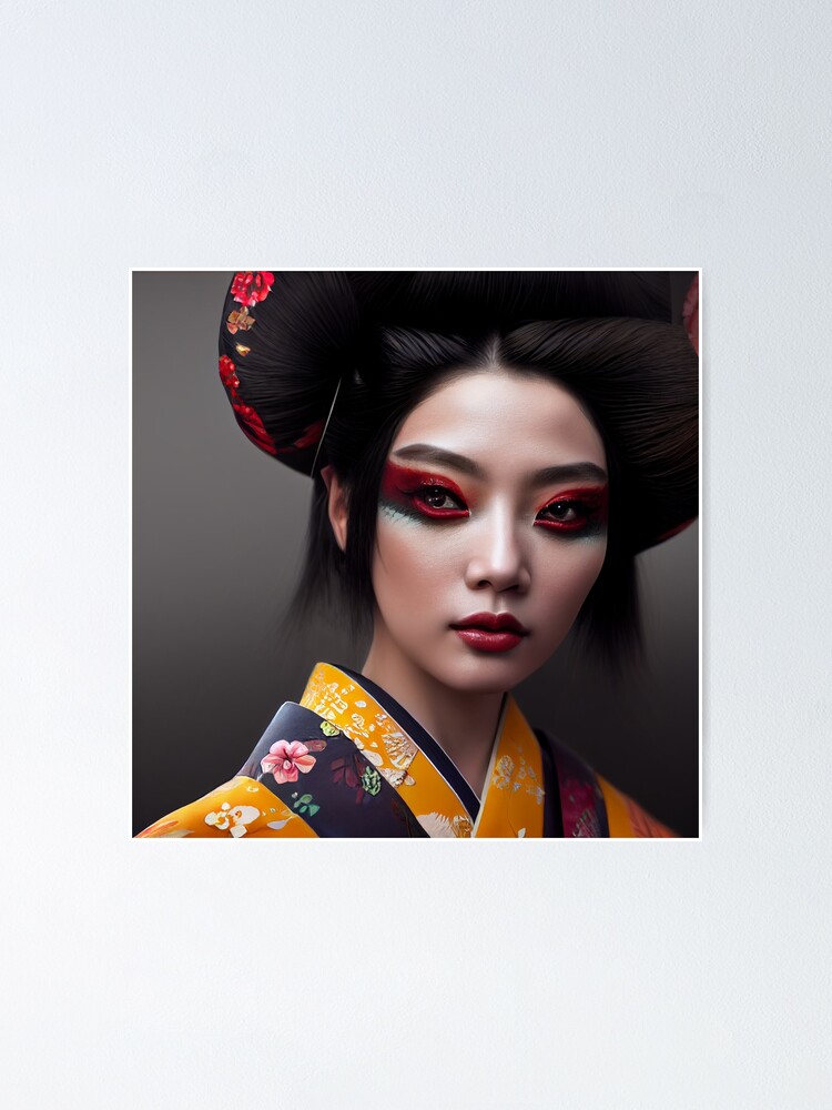 Poster avec l'œuvre « Geisha Maquillage Portrait Art Numérique Japon 1 » de  l'artiste piXn