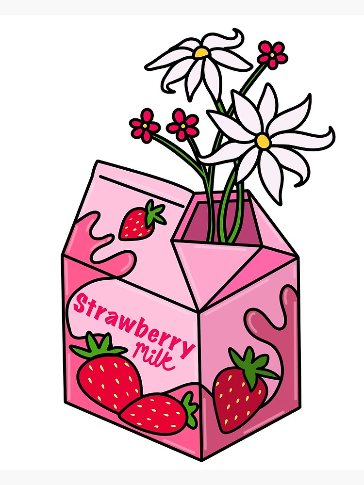 Cute Strawberry Milk Carton With Flowers Poster For Sale By Mazzalina Redbubble