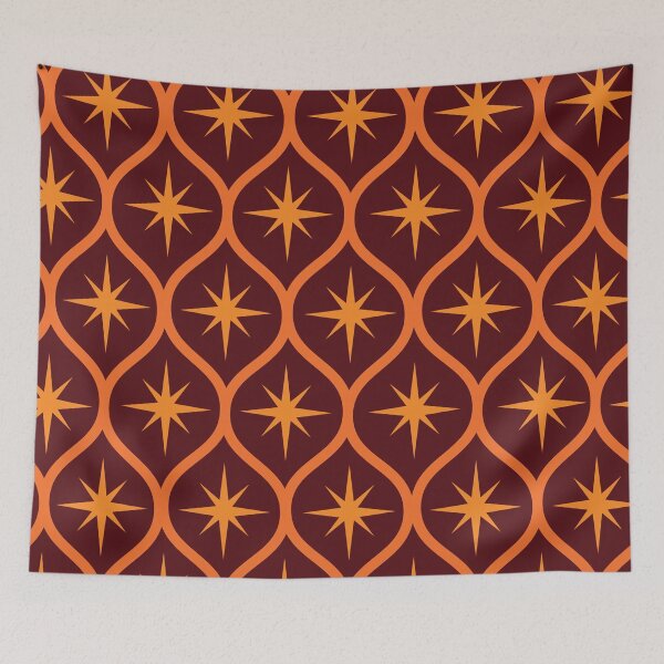 Item preview, Mid Century Orange Atomic Stars on brown ogee  pattern  designed and sold by Yasminepatterns .