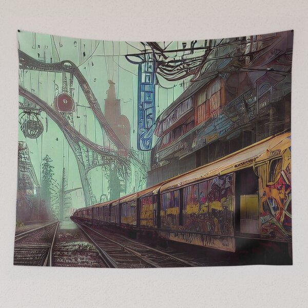 Item preview, colorful graffiti covered train in a steampunk city designed and sold by Tony Anastasi.