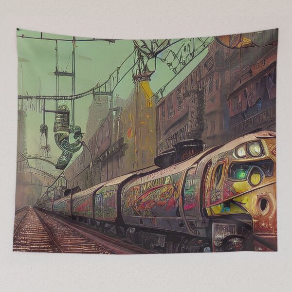 Item preview, colorful graffiti covered train in a steampunk city designed and sold by Tony Anastasi.