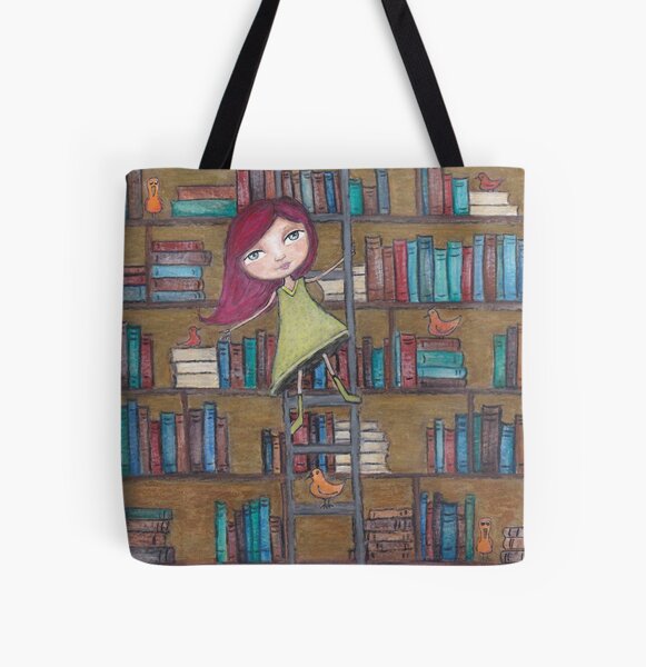 Library Girl Books and Birds All Over Print Tote Bag