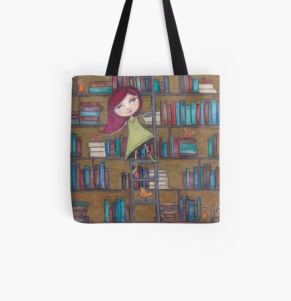 Library Girl Books and Birds All Over Print Tote Bag