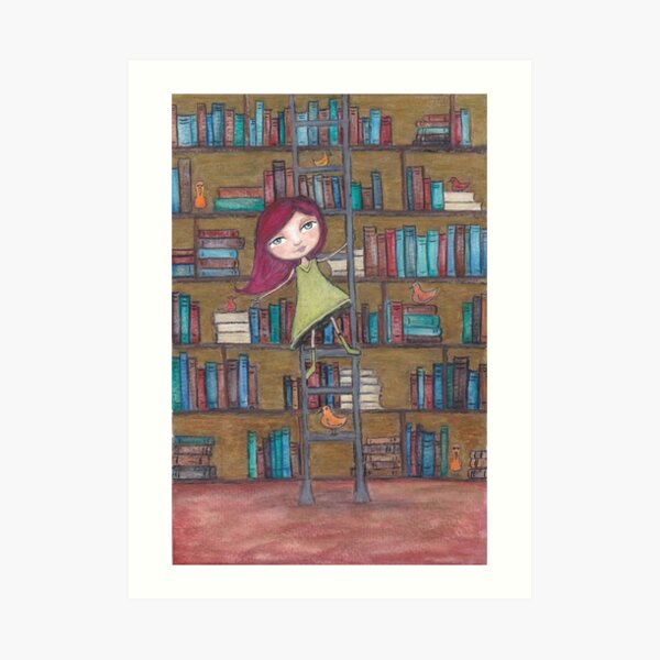 Library Girl Books and Birds Art Print