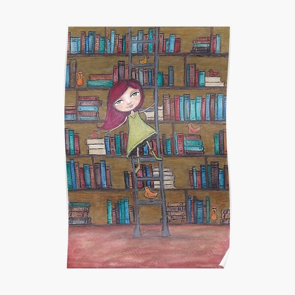 Library Girl Books and Birds Poster