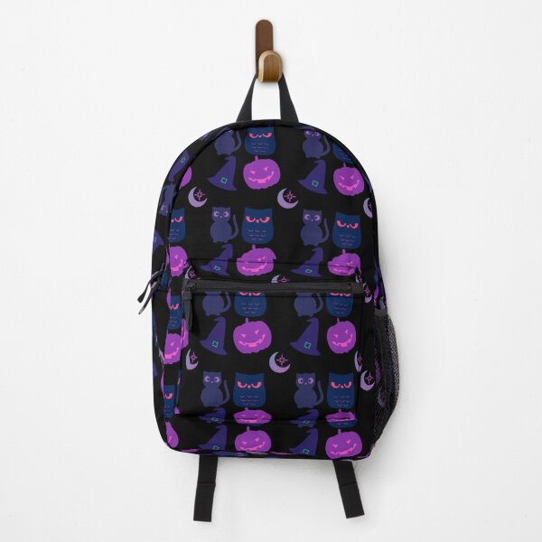 Item preview, Halloween purple moon, illustration of pumpkins, witch hat, cats and owls allusive to Halloween in vibrant colors. designed and sold by Malogue.