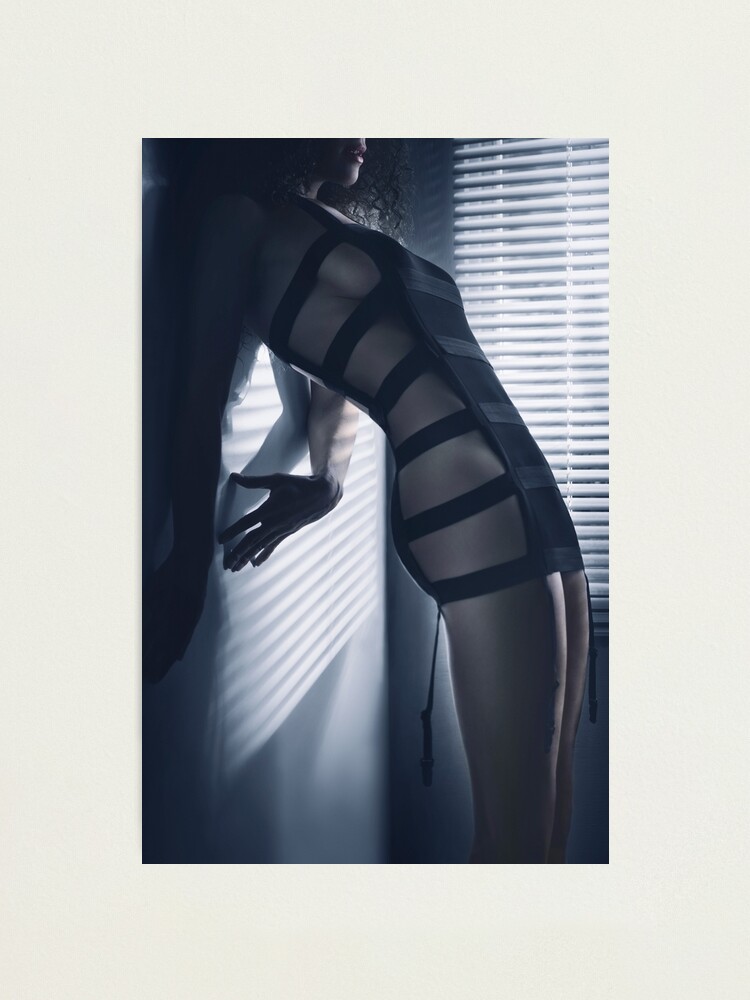Edgy sexy fashion photo of a woman in stripy underwear in dim window light  art print Photographic Print for Sale by AwenArtPrints