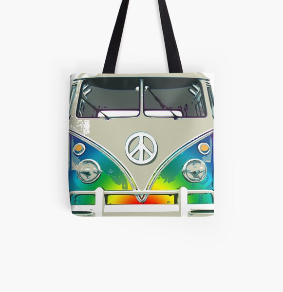 Colorful Psychedelic Groovy Peace Van All Over Print Tote Bag