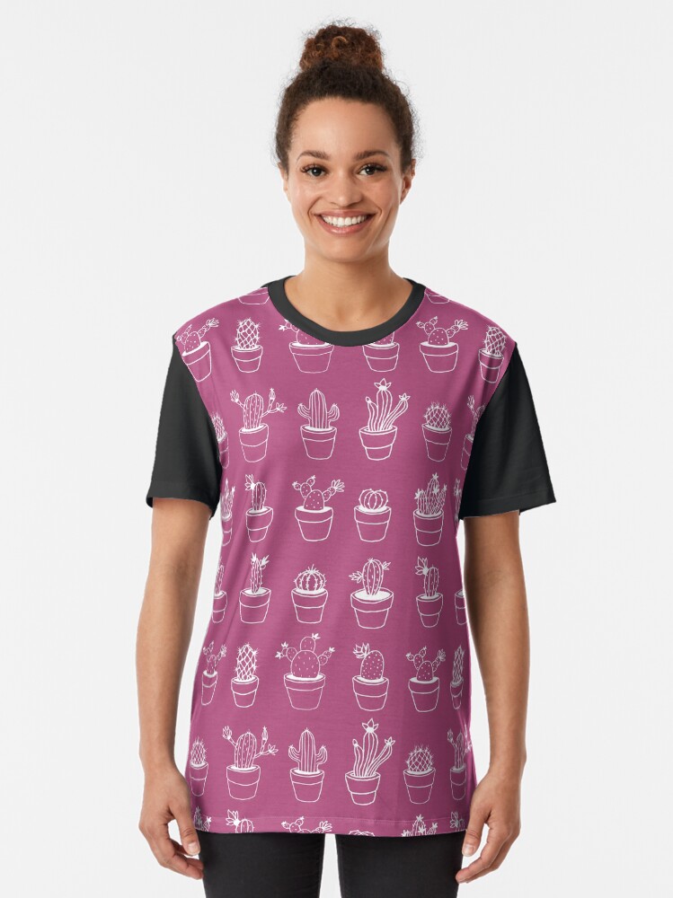 Alternate view of Hand Drawn Cactuses Pattern Dark Pink Graphic T-Shirt
